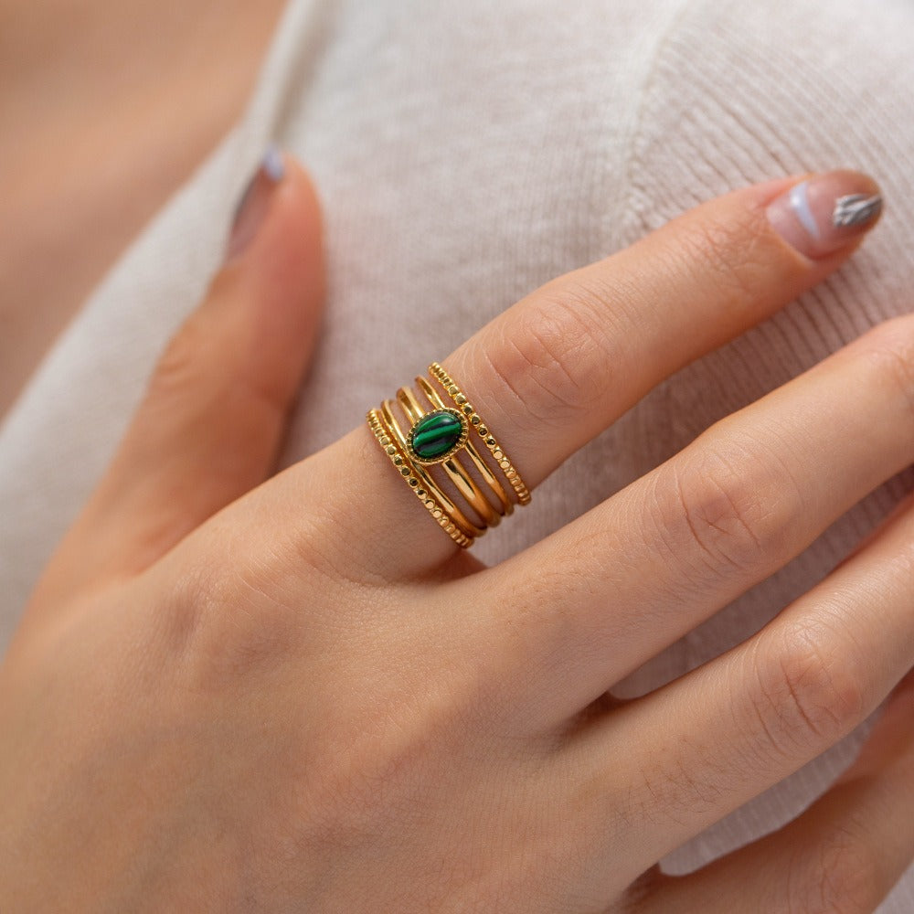 Bague pierre naturelle verte en acier inoxydable doré