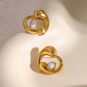 Boucles d’oreilles cœur moderne en acier inoxydable doré 18K avec incrustations de pierres