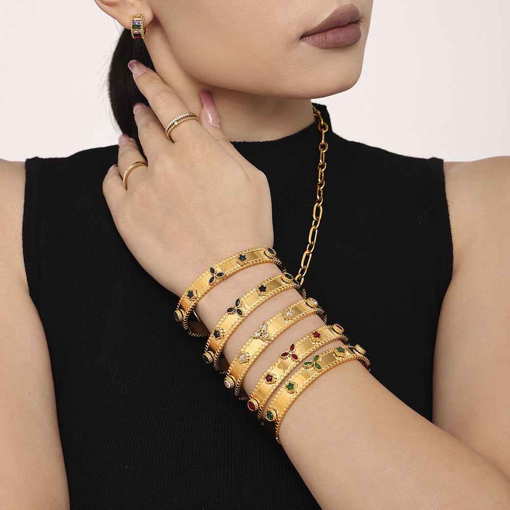Bracelet jonc femme fleur dorée – Acier inoxydable réglable