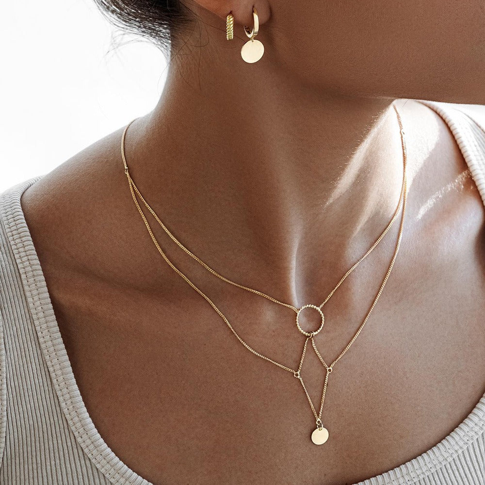 Collier doré multichaînes avec pendentif rond – Acier inoxydable et placage 18K