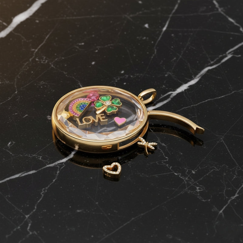 Collier pendentif transparent avec chaine et charms en acier inoxydable