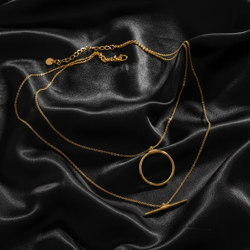Collier double chaîne avec pendentif – Acier inoxydable doré pour femme