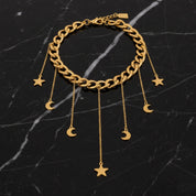 Collier pendentif lune et étoiles doré en acier inoxydable