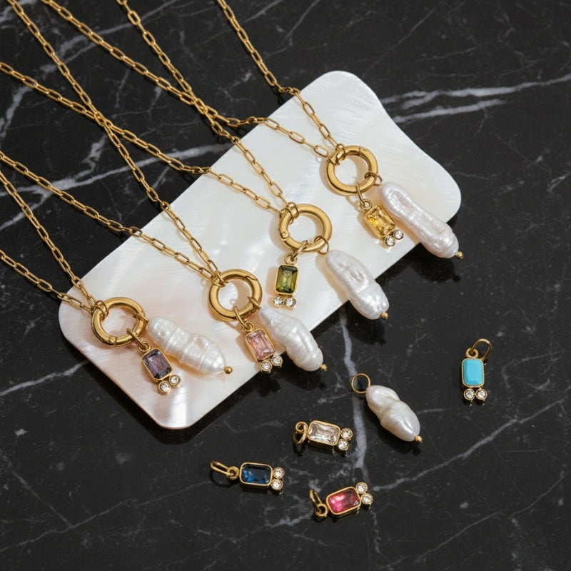 Collier personnalisé perle blanche et pierre de naissance