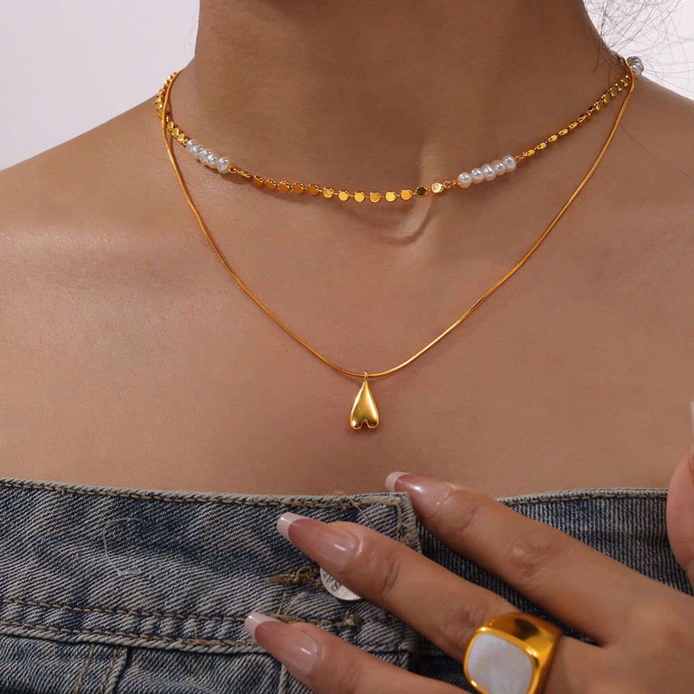 Collier double chaine coeur et perles– Acier inoxydable et plaqué or 18K