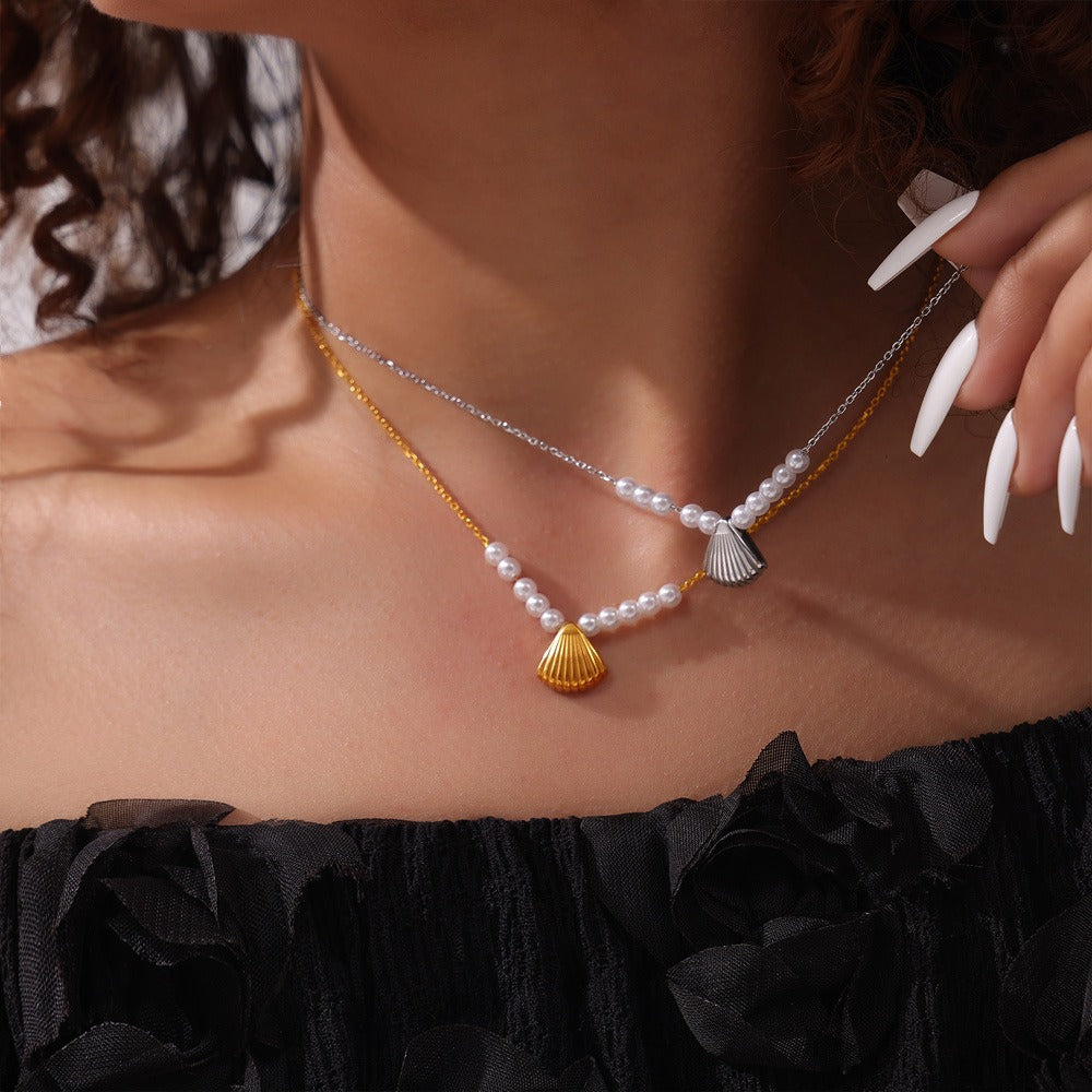 Collier perle et coquillage – Chaîne fine acier inoxydable et or 18K